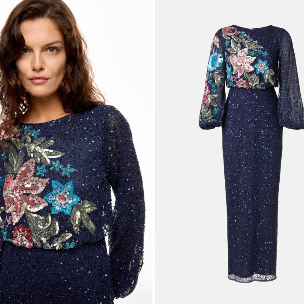 IEENA for MAC DUGGAL Embellished Floral High Neck Gown Size 14